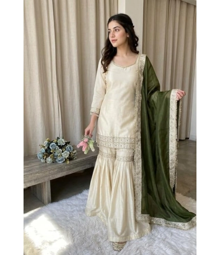 Generic Women's Silk Embroidered 3/4th Sleeve V-Neck Kurti With Sharara Pant and Dupatta Set (Cream &amp; Green)