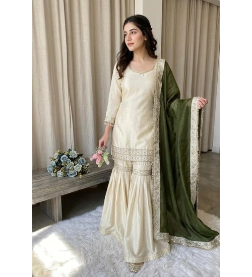Generic Women's Silk Embroidered 3/4th Sleeve V-Neck Kurti With Sharara Pant and Dupatta Set (Cream & Green) Generic Women's Silk Embroidered 3/4th Sleeve V-Neck Kurti With Sharara Pant and Dupatta Set (Cream & Green)
