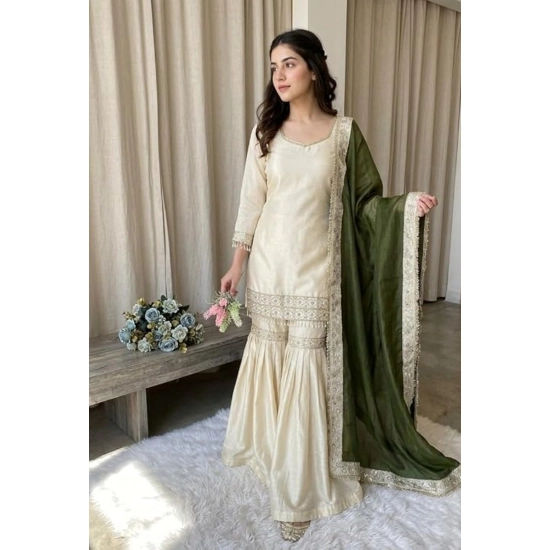 Generic Women's Silk Embroidered 3/4th Sleeve V-Neck Kurti With Sharara Pant and Dupatta Set (Cream & Green) Generic Women's Silk Embroidered 3/4th Sleeve V-Neck Kurti With Sharara Pant and Dupatta Set (Cream & Green)