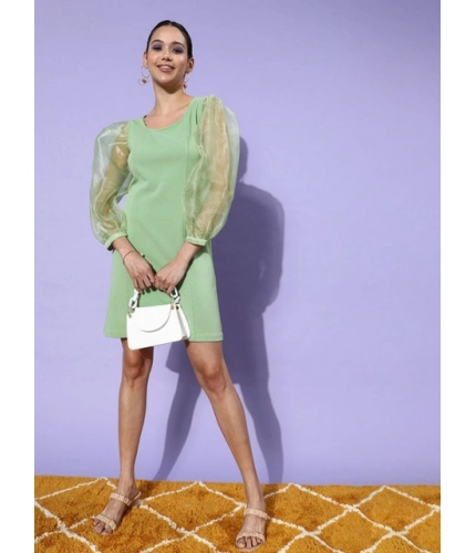 Generic Women's Organza And Polyester Lycra Solid Long Sleeves Dress (Green)