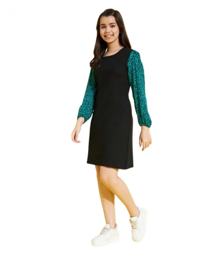 Generic Girl's Polyester Printed Long Sleeves Dress (Black-Green)