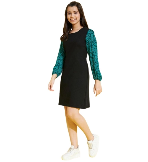 Generic Girl's Polyester Printed Long Sleeves Dress (Black-Green)