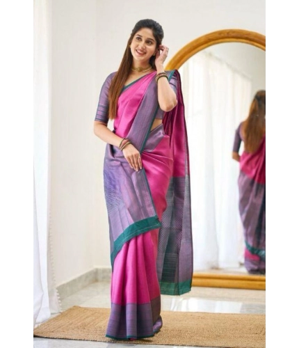 Generic Women's Soft Lichi Silk Printed Saree With Unstitched Blouse 5.5Mtr (Pink)