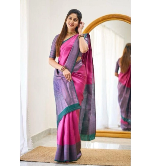 Generic Women's Soft Lichi Silk Printed Saree With Unstitched Blouse 5.5Mtr (Pink)