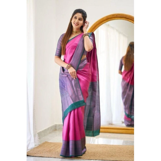 Generic Women's Soft Lichi Silk Printed Saree With Unstitched Blouse 5.5Mtr (Pink)