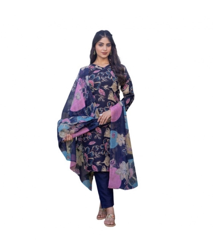 Generic Women's Cotton Blend Printed Kurti With Pant Dupatta Set (NavyBlue)