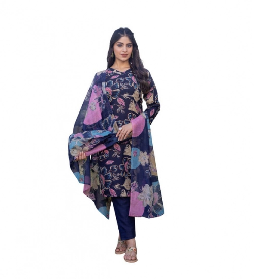 Generic Women's Cotton Blend Printed Kurti With Pant Dupatta Set (NavyBlue)