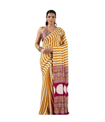 Generic Women's Satin Crepe Printed Saree With Unstitched Blouse 5.5Mtr (Mustard)
