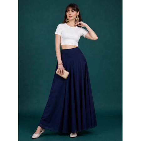 Generic Women's Georgette Solid Mid-Rise Wide Leg Flared Palazzo Pants with Elastic Waist (Navy Blue)