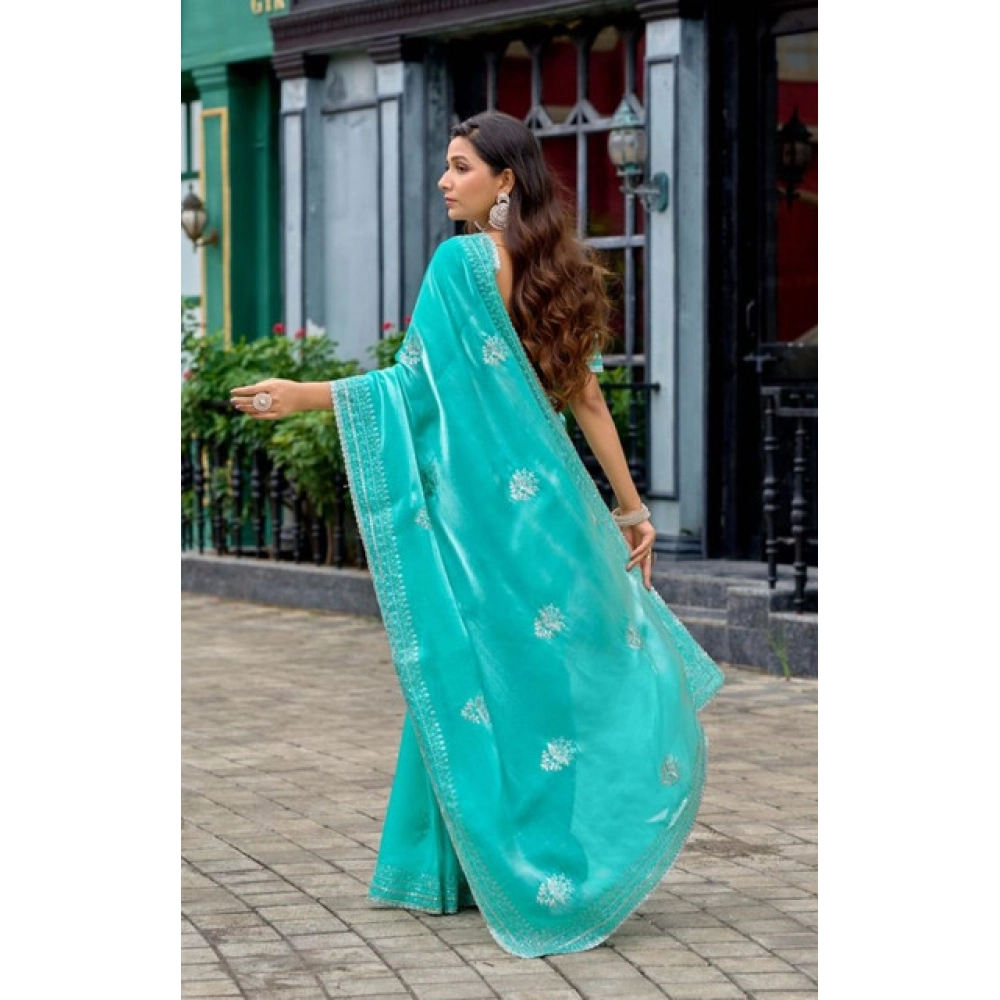 Generic Women's Faux Shimmer Floral Embroidery Ready to wear Saree With Unstitched Blouse 5.5Mtr (Turquoise) Generic Women's Faux Shimmer Floral Embroidery Ready to wear Saree With Unstitched Blouse 5.5Mtr (Turquoise)
