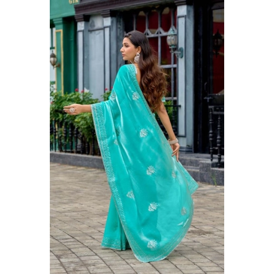 Generic Women's Faux Shimmer Floral Embroidery Ready to wear Saree With Unstitched Blouse 5.5Mtr (Turquoise) Generic Women's Faux Shimmer Floral Embroidery Ready to wear Saree With Unstitched Blouse 5.5Mtr (Turquoise)