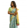 Generic Women's Linen Printed Saree With Unstitched Blouse 5.5Mtr (Blue)