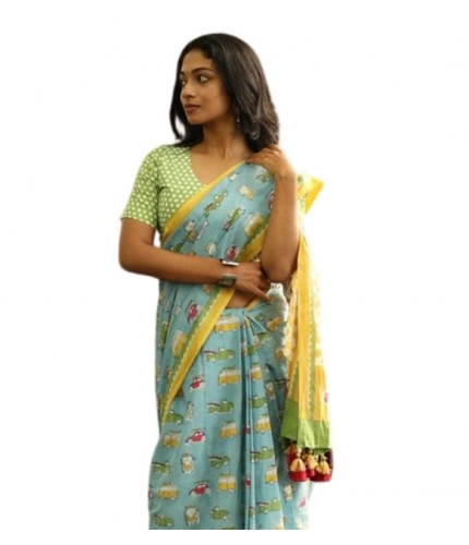 Generic Women's Linen Printed Saree With Unstitched Blouse 5.5Mtr (Blue)