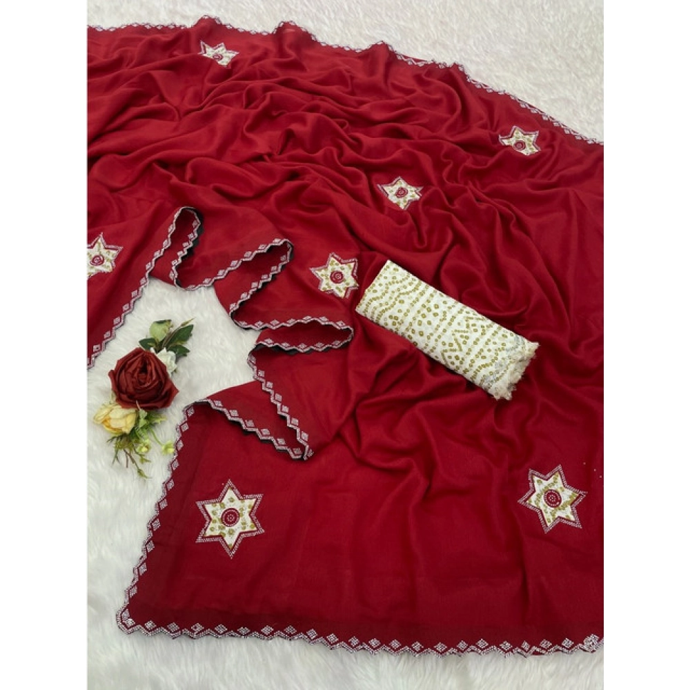 Generic Women's Chiffon Butti Dotted Saree With Unstitched Blouse 5.5Mtr (Red) Generic Women's Chiffon Butti Dotted Saree With Unstitched Blouse 5.5Mtr (Red)