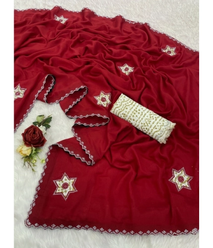 Generic Women's Chiffon Butti Dotted Saree With Unstitched Blouse 5.5Mtr (Red)