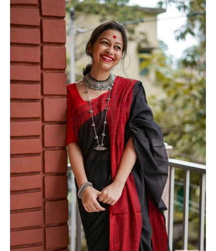 Generic Women's Soft Lilan Printed Saree With Unstitched Blouse 5.5Mtr (Black)