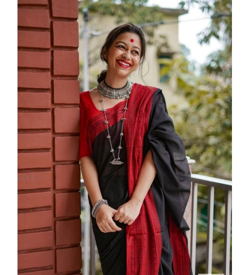 Generic Women's Soft Lilan Printed Saree With Unstitched Blouse 5.5Mtr (Black)