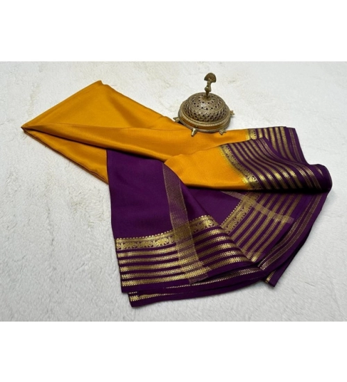 Generic Women's Crepe Chit Pallu Solid Saree With Unstitched Blouse 5.5Mtr (Gold)