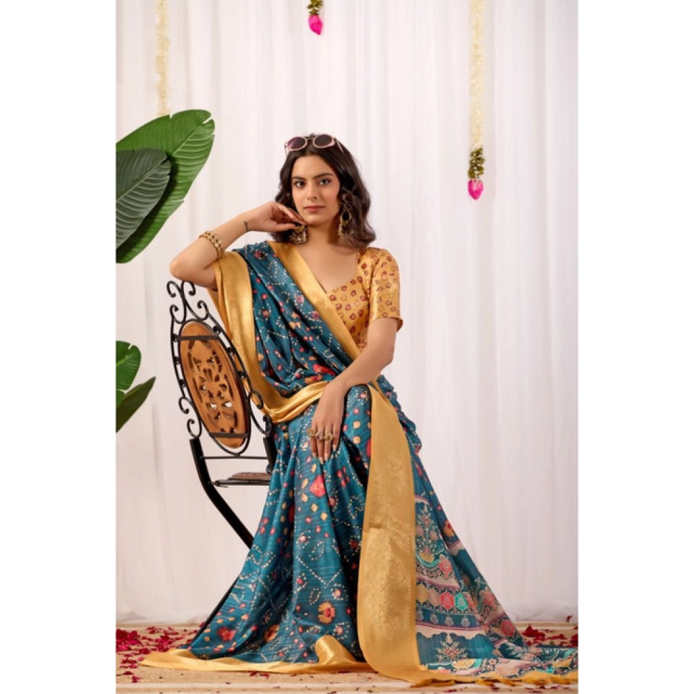 Generic Women's Faux_Banarasi Printed Saree With Unstitched Blouse 5.5Mtr (Teal)