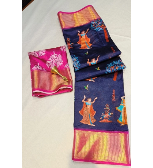 Generic Women's Digital Dolla Silk Printed Saree With Unstitched Blouse 5.5Mtr (Navy Blue)