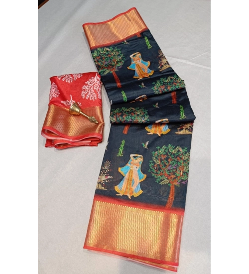 Generic Women's Digital Dolla Silk Printed Saree With Unstitched Blouse 5.5Mtr (Black)