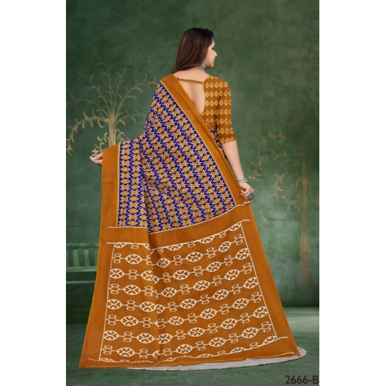 Generic Women's Soft Pure Cotton Printed Saree With Unstitched Blouse 5.5Mtr (Blue)