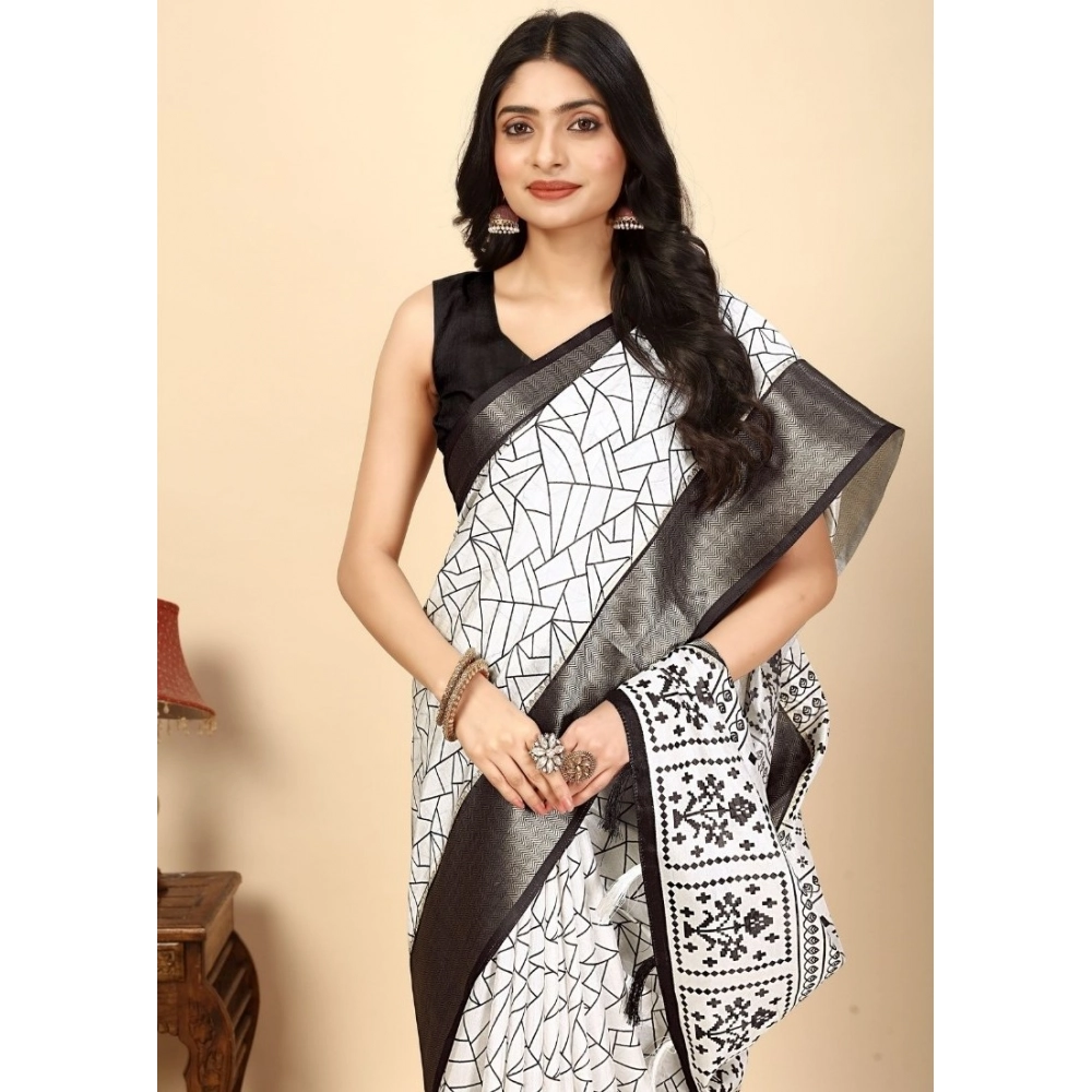 Women’s Cotton Silk Printed Saree With Unstitched Blouse 5.5Mtr (White-Black)