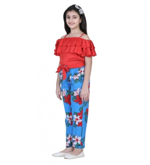 Generic Girl's Rayon Floral Short Sleeve Top and Trouser Set (Multicolor) Generic Girl's Rayon Floral Short Sleeve Top and Trouser Set (Multicolor)