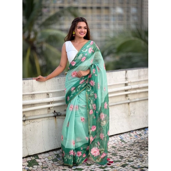 Generic Women's Linen Printed Saree With Unstitched Blouse 5.5Mtr (Green)