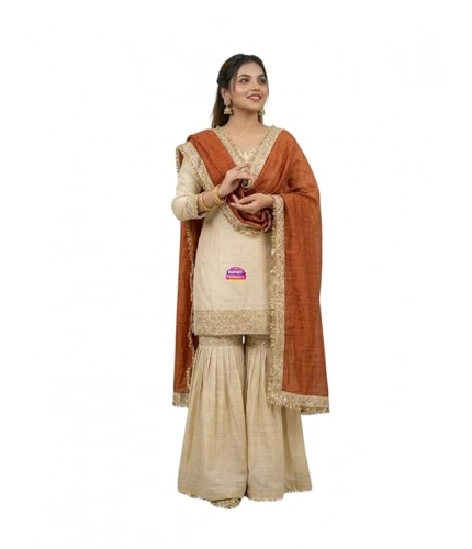 Generic Women's Silk Embroidered 3/4th Sleeve V-Neck Kurti With Sharara Pant and Dupatta Set (Cream &amp; Orange)