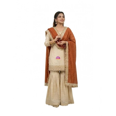 Generic Women's Silk Embroidered 3/4th Sleeve V-Neck Kurti With Sharara Pant and Dupatta Set (Cream & Orange) Generic Women's Silk Embroidered 3/4th Sleeve V-Neck Kurti With Sharara Pant and Dupatta Set (Cream & Orange)