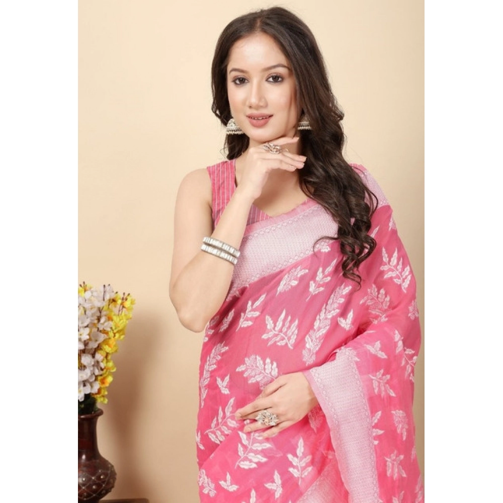 Women’s Art Silk Jacquard Printed Saree With Unstitched Blouse 5.5Mtr (Pink)