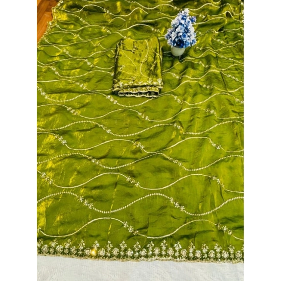 Generic Women's Slik Embellished Saree With Unstitched Blouse 5.5Mtr (Mehendi-Green)
