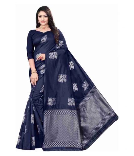 Generic Women's Soft Lichi Silk Printed Saree With Unstitched Blouse 5.5Mtr (Blue)