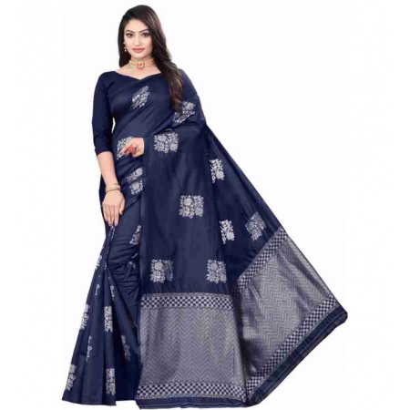 Generic Women's Soft Lichi Silk Printed Saree With Unstitched Blouse 5.5Mtr (Blue)