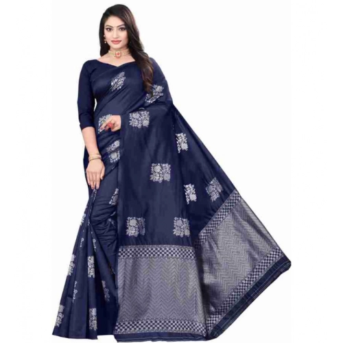 Generic Women's Soft Lichi Silk Printed Saree With Unstitched Blouse 5.5Mtr (Blue)