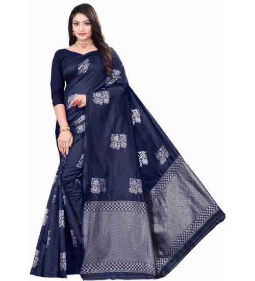 Generic Women's Soft Lichi Silk Printed Saree With Unstitched Blouse 5.5Mtr (Blue)