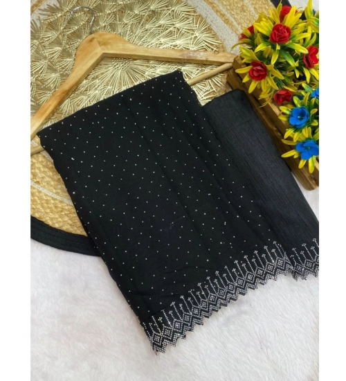Generic Women's Georgette Stone Work Saree With Unstitched Blouse 5.5Mtr (Black)