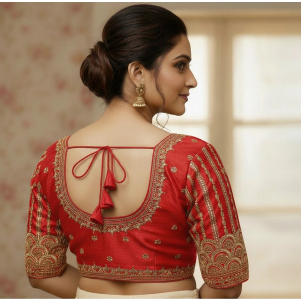 Women's Phantom Silk Embroidered Designer Neck Padded Blouse (Red 38 Ready (Alterable up to 42)