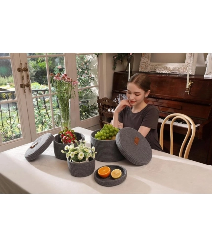 Generic Cotton 3 Pcs Set Roti Box Storage Basket With Lid (Gray)