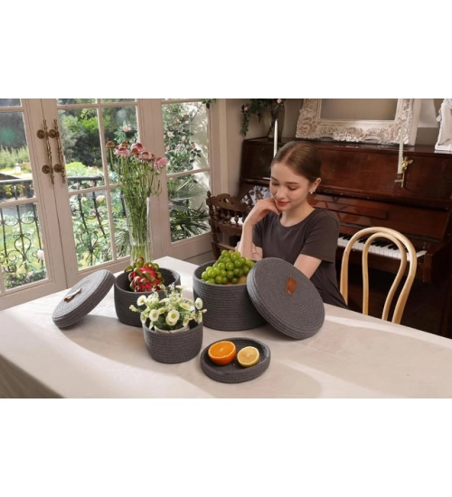 Generic Cotton 3 Pcs Set Roti Box Storage Basket With Lid (Gray)