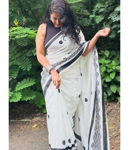 Generic Women's Linen Printed Saree With Unstitched Blouse 5.5Mtr (White)