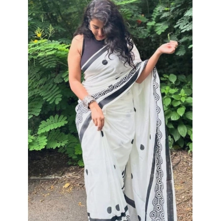 Generic Women's Linen Printed Saree With Unstitched Blouse 5.5Mtr (White)