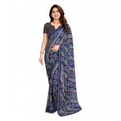 Generic Women's Georgette Printed Saree With Unstitched Blouse 5.5Mtr (Blue)