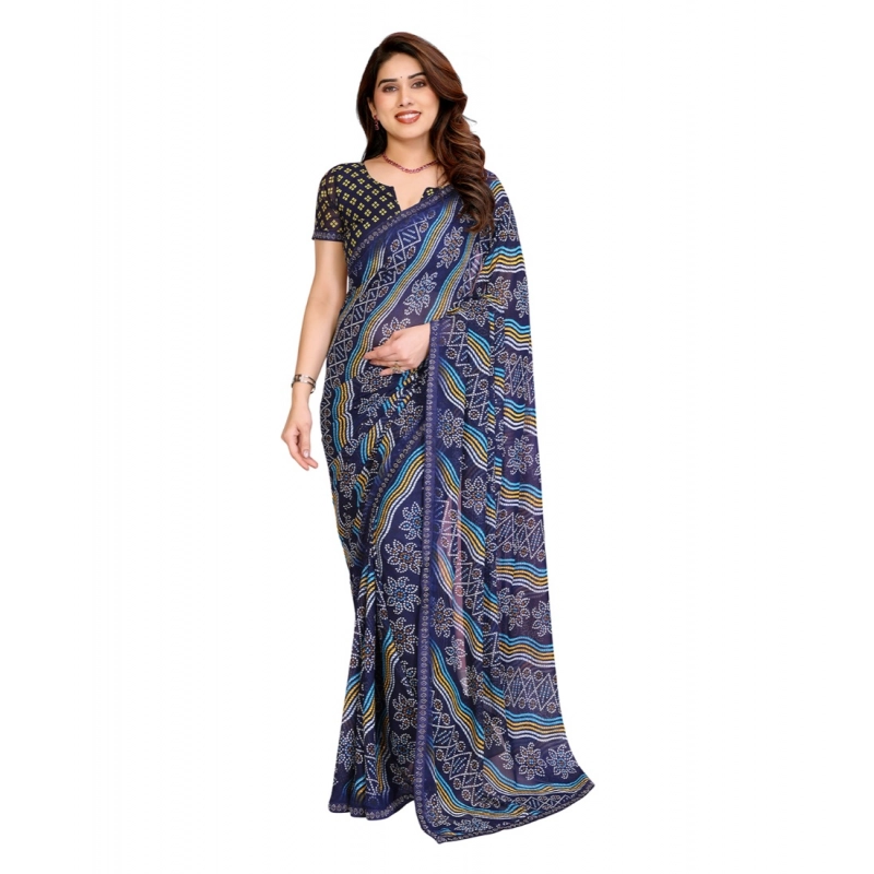 Women's Georgette Printed Saree With Unstitched Blouse 5.5Mtr (Blue)