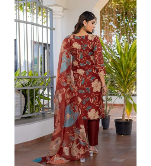 Generic Women's Cotton Blend Printed Kurti With Pant Dupatta Set (Rust)