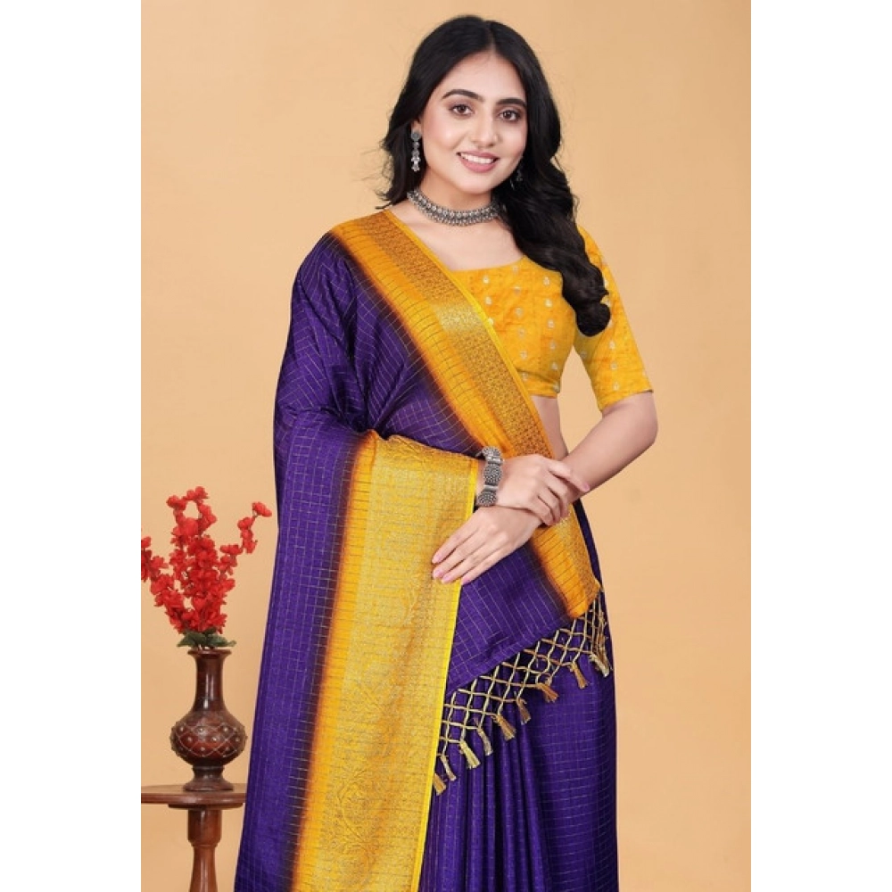 Women’s Cotton Blend Checkered Saree With Unstitched Blouse 5.5Mtr (Royal Blue)