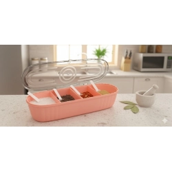 Generic Plastic 4 Grid Design Made In India Container with Spoon (Multicolor)