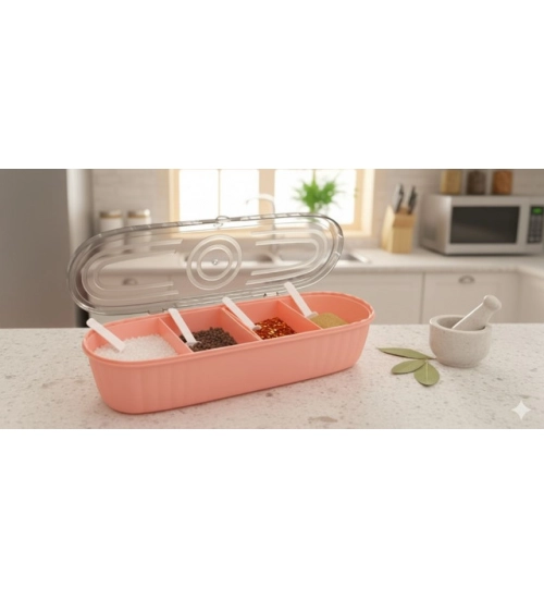 Generic Plastic 4 Grid Design Made In India Container with Spoon (Multicolor)