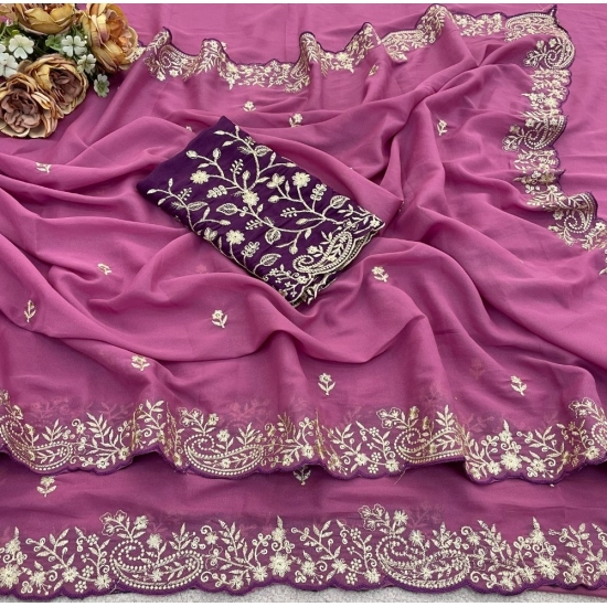 Generic Women's Star Georgette Embroidered Saree With Unstitched Blouse 5.5Mtr (Pink)